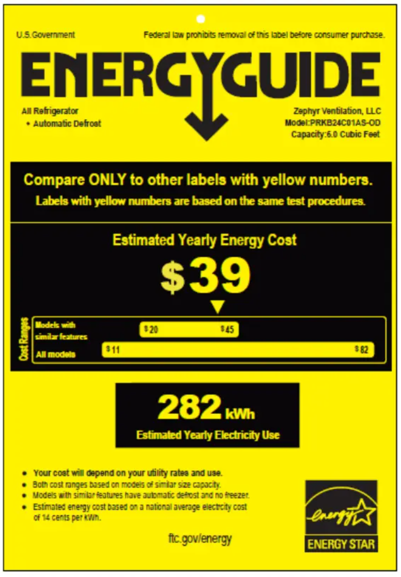 Página 1 del manual Etiqueta energética Zephyr Presrv PRKB24C01AS-OD