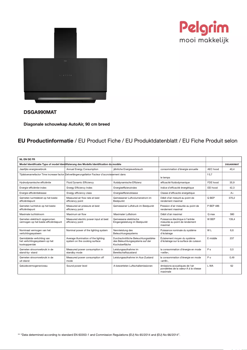 Page 1 de la notice Fiche technique Pelgrim DSGA990MAT
