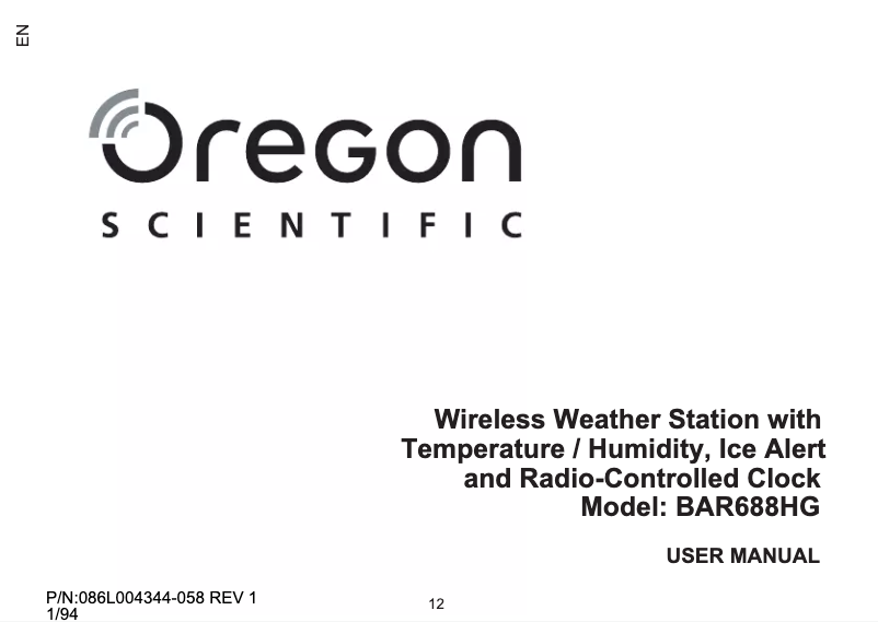 Page 1 de la notice Manuel utilisateur Oregon Scientific BAR688HG