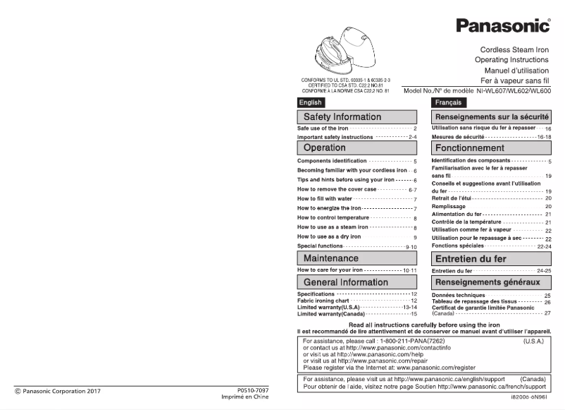 Page 1 de la notice Manuel utilisateur Panasonic NI-WL607