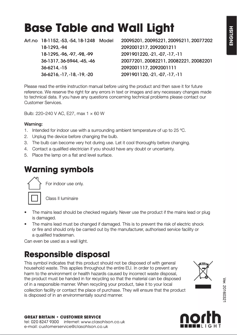 Page 1 of the manual User Manual North Light 36-6216
