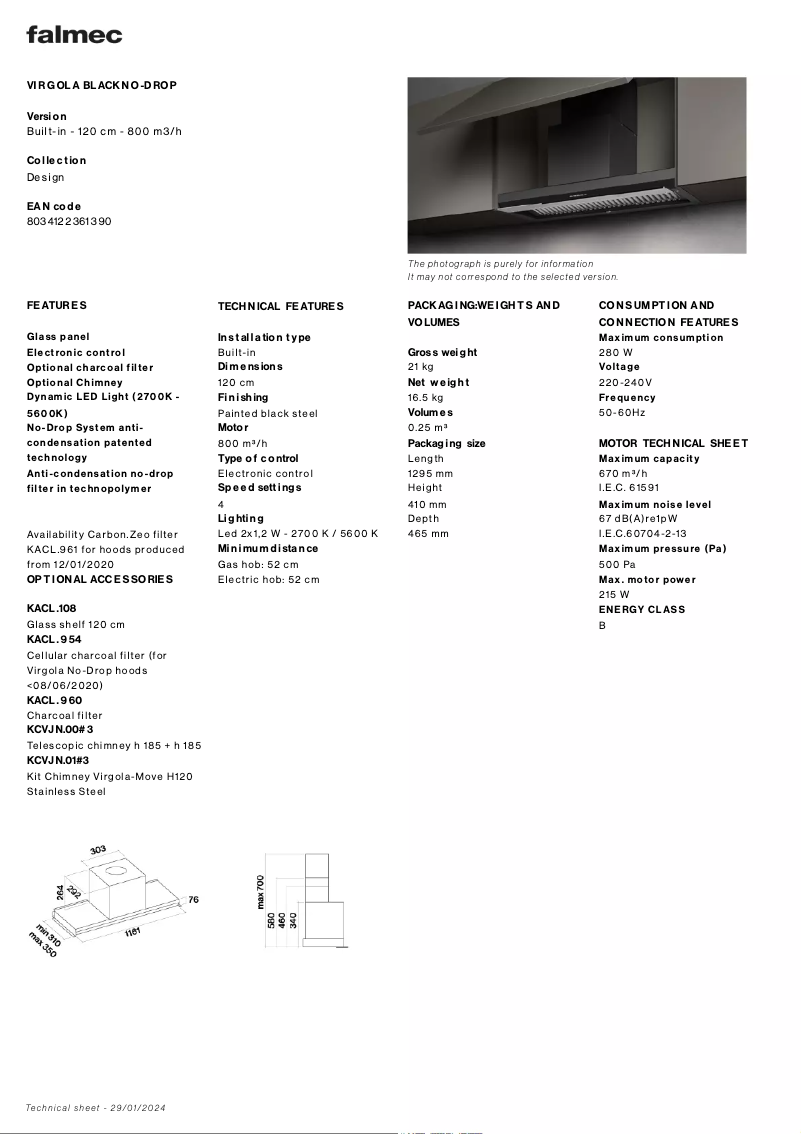 Página 1 del manual Ficha técnica Falmec Virgola No-Drop Evo