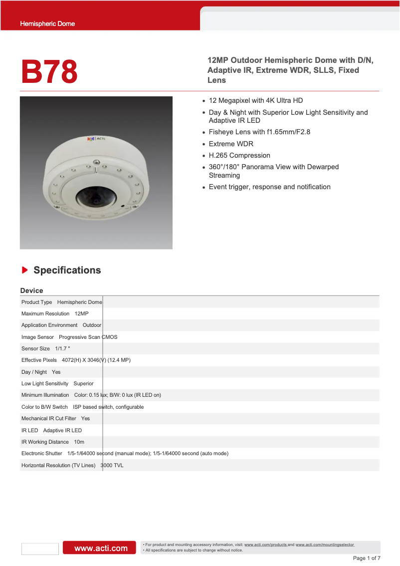 Page 1 de la notice Fiche technique ACTi B78