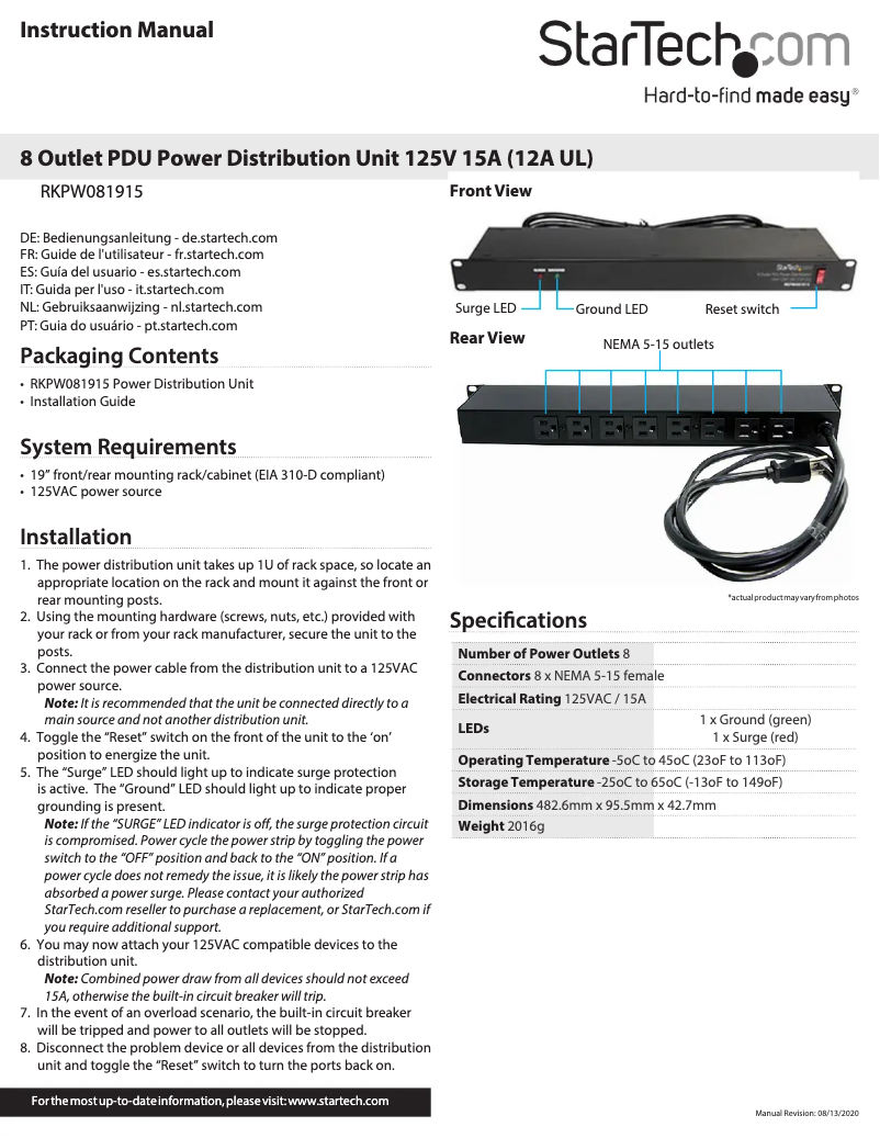 Página 1 del manual Manual de usuario StarTech.com RKPW081915