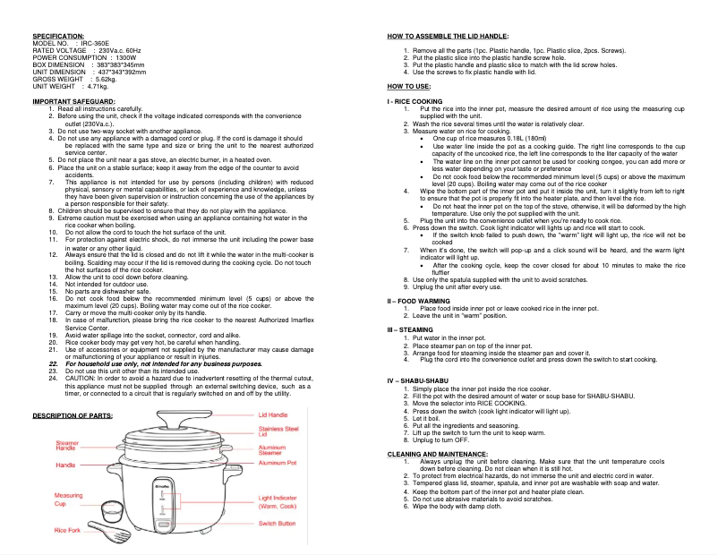 Page 1 de la notice Manuel utilisateur Imarflex IRC-360E