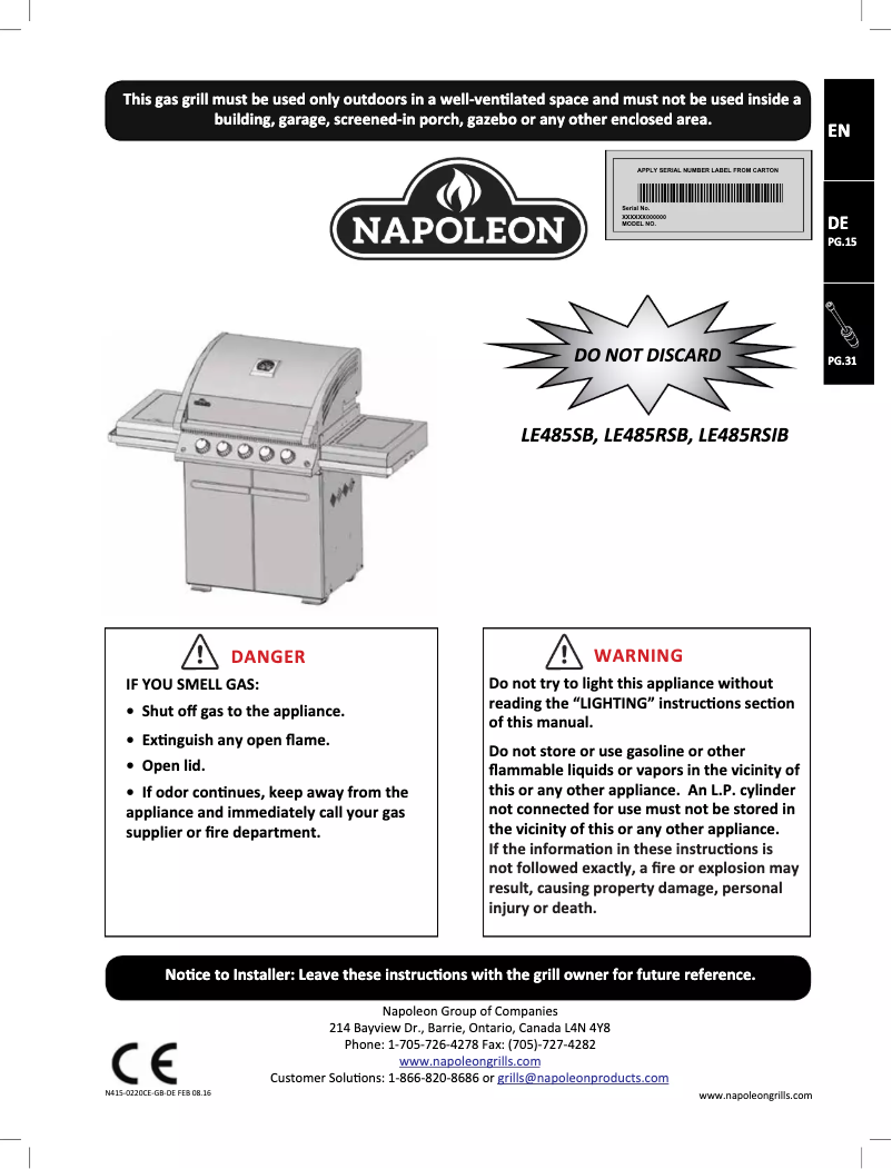 Página 1 del manual Manual de usuario Napoleon LE485RSB