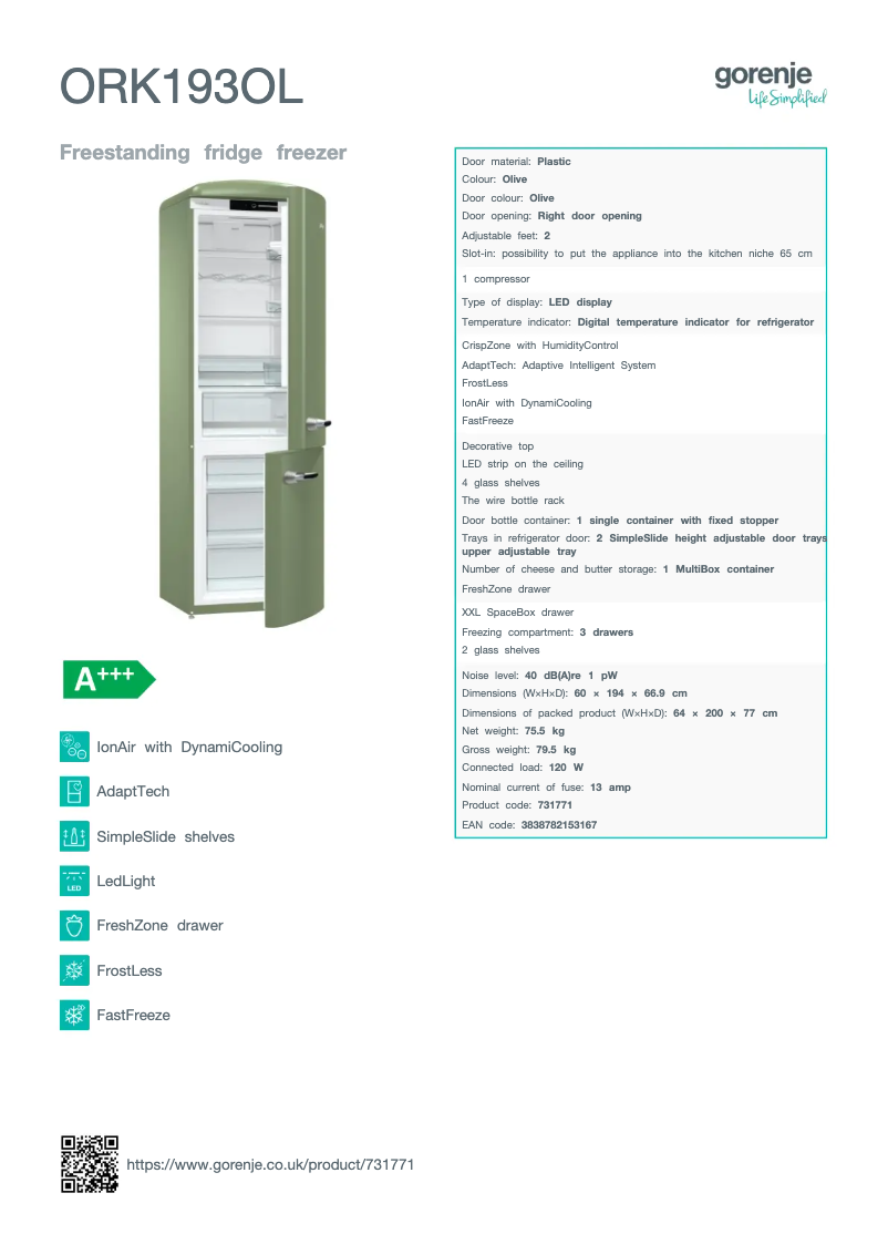 Page 1 of the manual Technical Sheet Gorenje ORK193OL