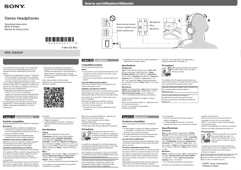 Page 1 of the manual User Manual Sony MDR-ZX600AP