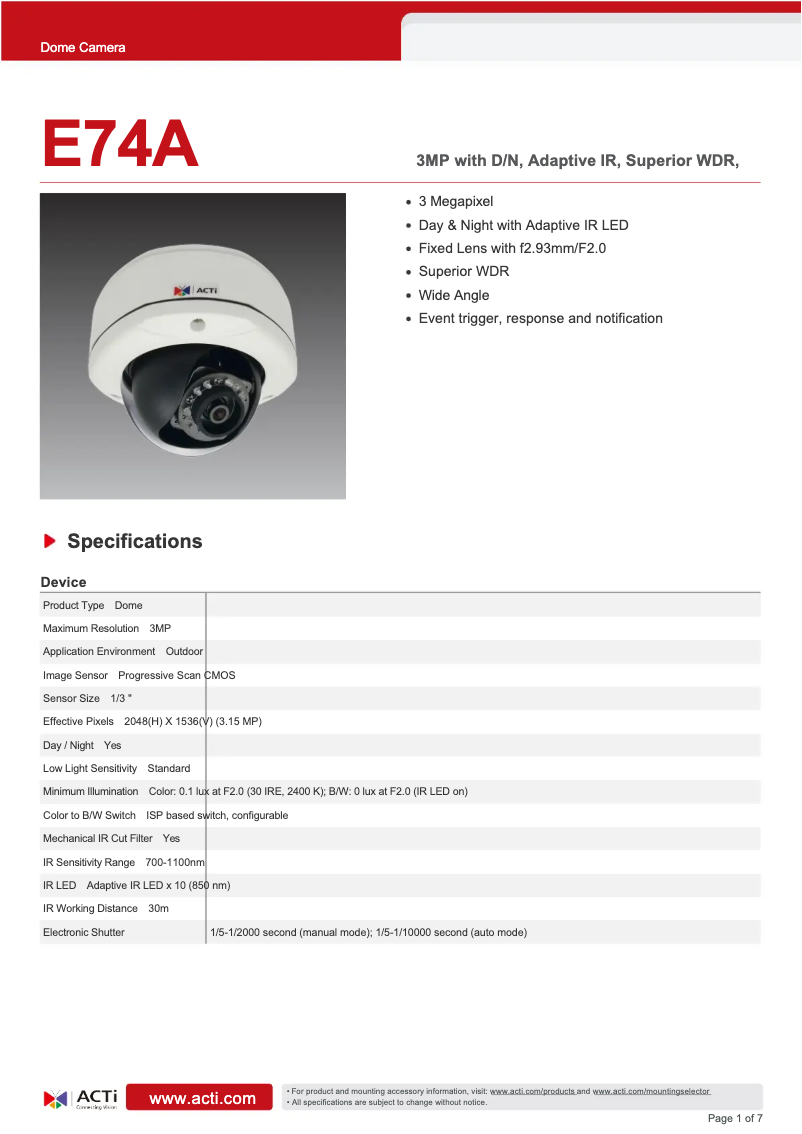 Página 1 del manual Ficha técnica ACTi E74A