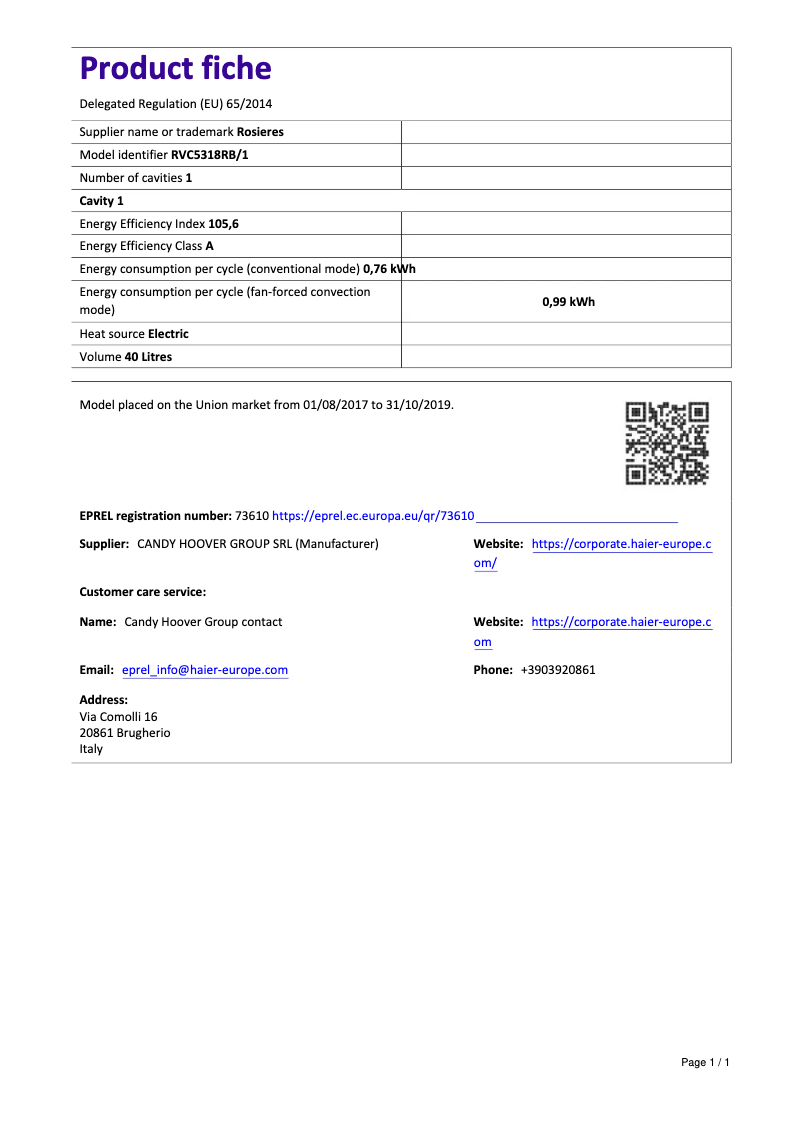 Page 1 de la notice Fiche technique Rosieres RVC 5318 RB/1