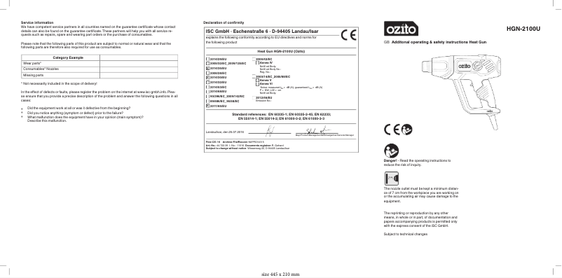 Page 1 de la notice Manuel utilisateur Ozito HGN-2100U