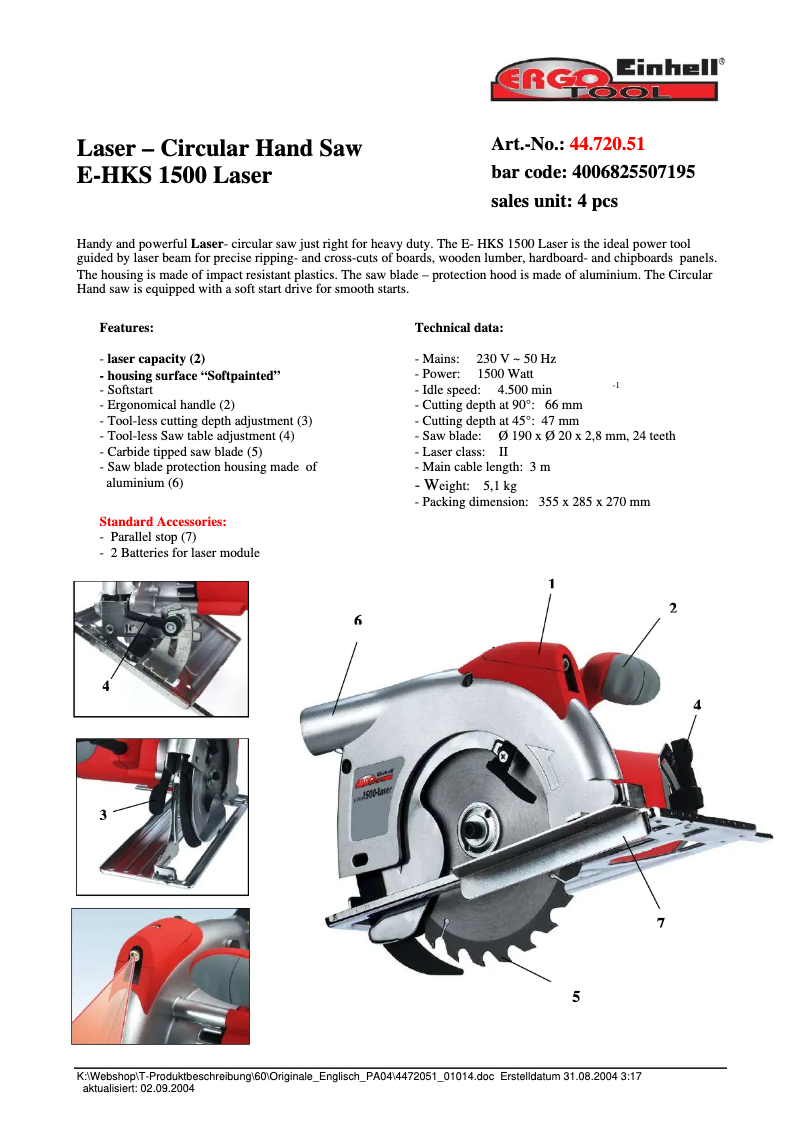 Página 1 del manual Ficha técnica Einhell E-HKS 1500-Laser