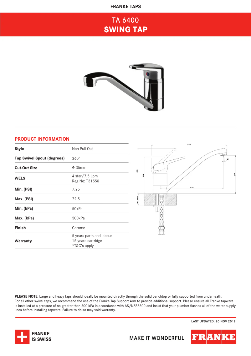 Página 1 del manual Ficha técnica Franke TA6400