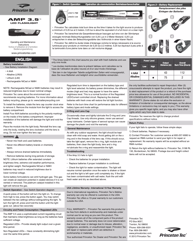 Page 1 de la notice Manuel utilisateur Princeton Tec AMP 3.5