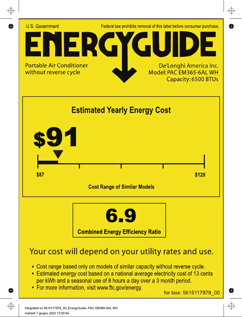 Page 1 de la notice Label énergétique DeLonghi PACEM365