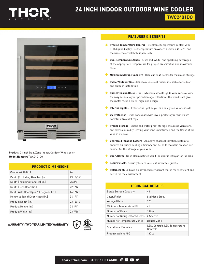 Page 1 de la notice Fiche technique Thor TWC2401DO