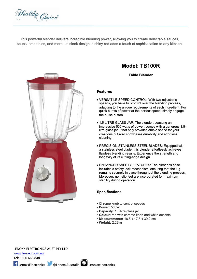 Page 1 de la notice Fiche technique Healthy Choice TB100R