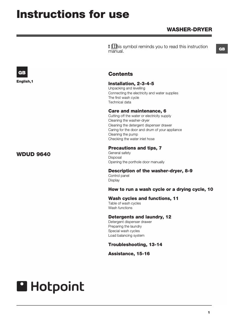 Página 1 del manual Manual de usuario Ariston Thermo WDUD 9640