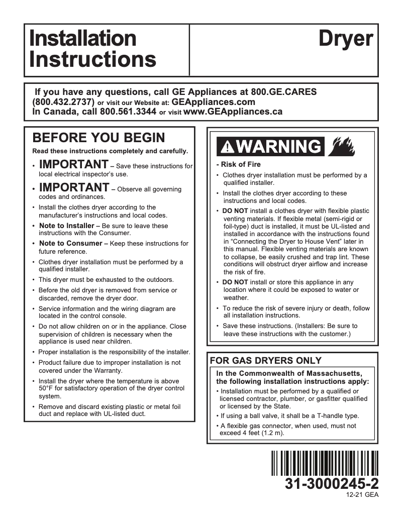 Página 1 del manual Guía de instalación GE Profile PTD90EBPTDG