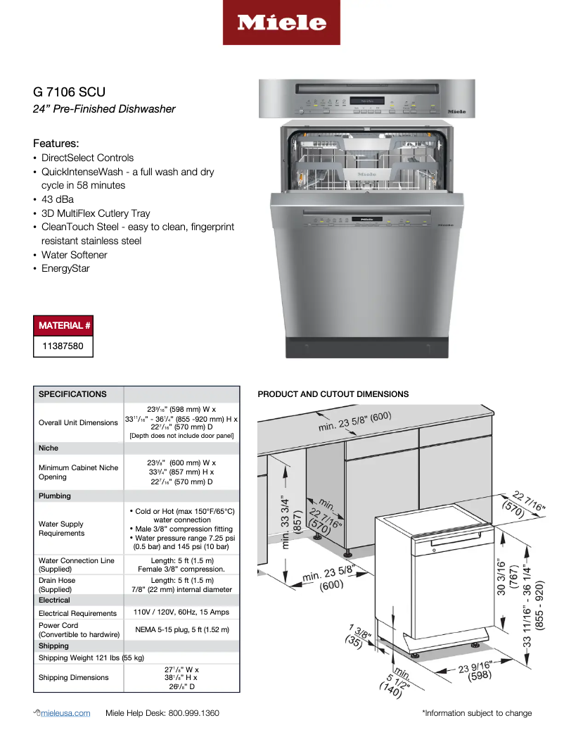Page 1 de la notice Fiche technique Miele G 7106 SCU