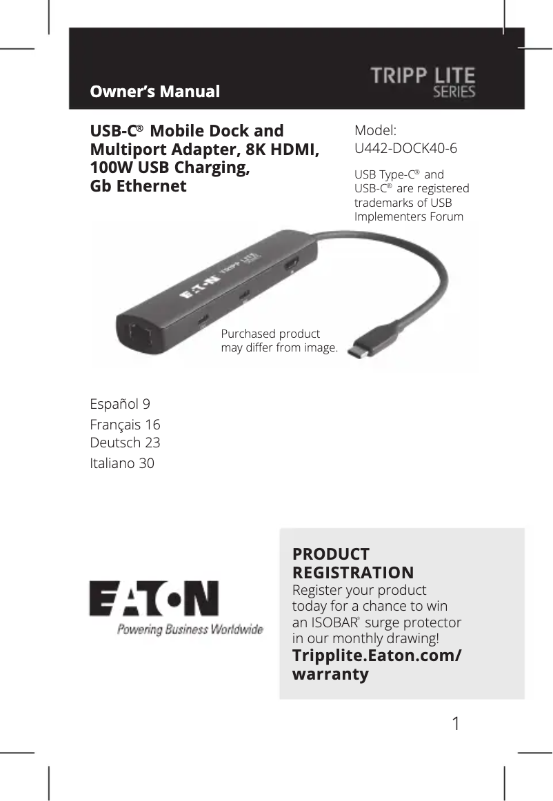 Page 1 de la notice Manuel utilisateur Tripp Lite U442-DOCK40-6