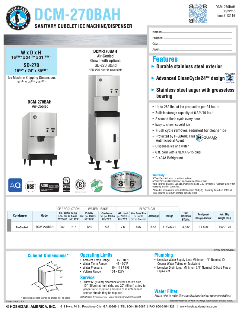 Page 1 de la notice Fiche technique Hoshizaki DCM-270BAH