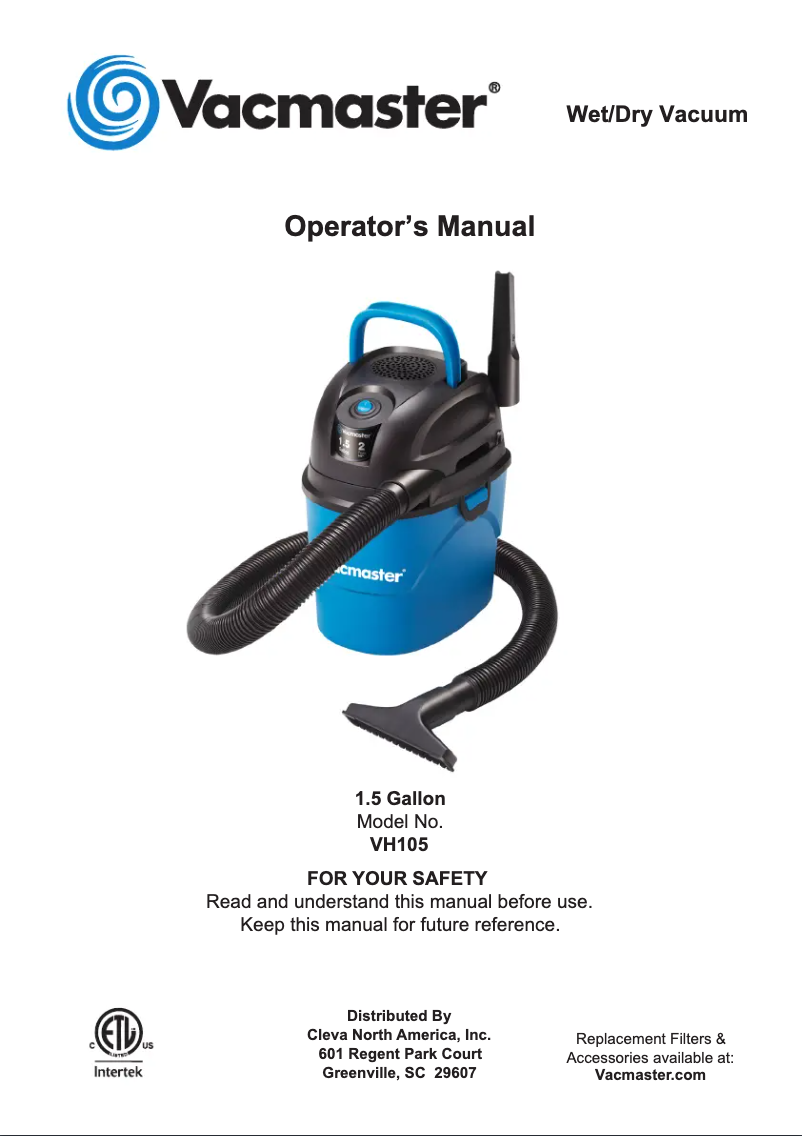 Page 1 de la notice Manuel utilisateur Vacmaster VH105