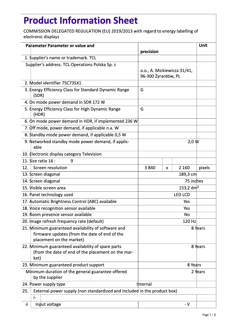 Página 1 del manual Ficha técnica TCL 75C735