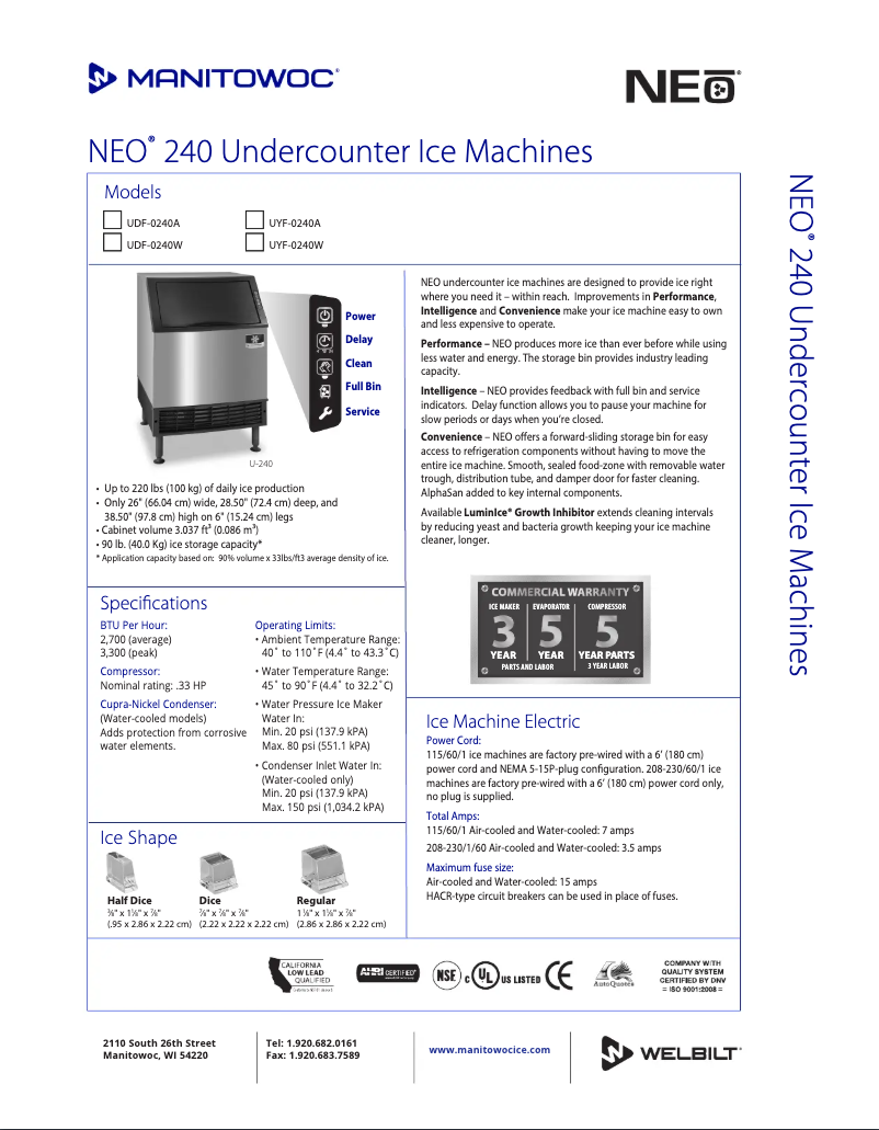 Página 1 del manual Ficha técnica Manitowoc UY-0240A