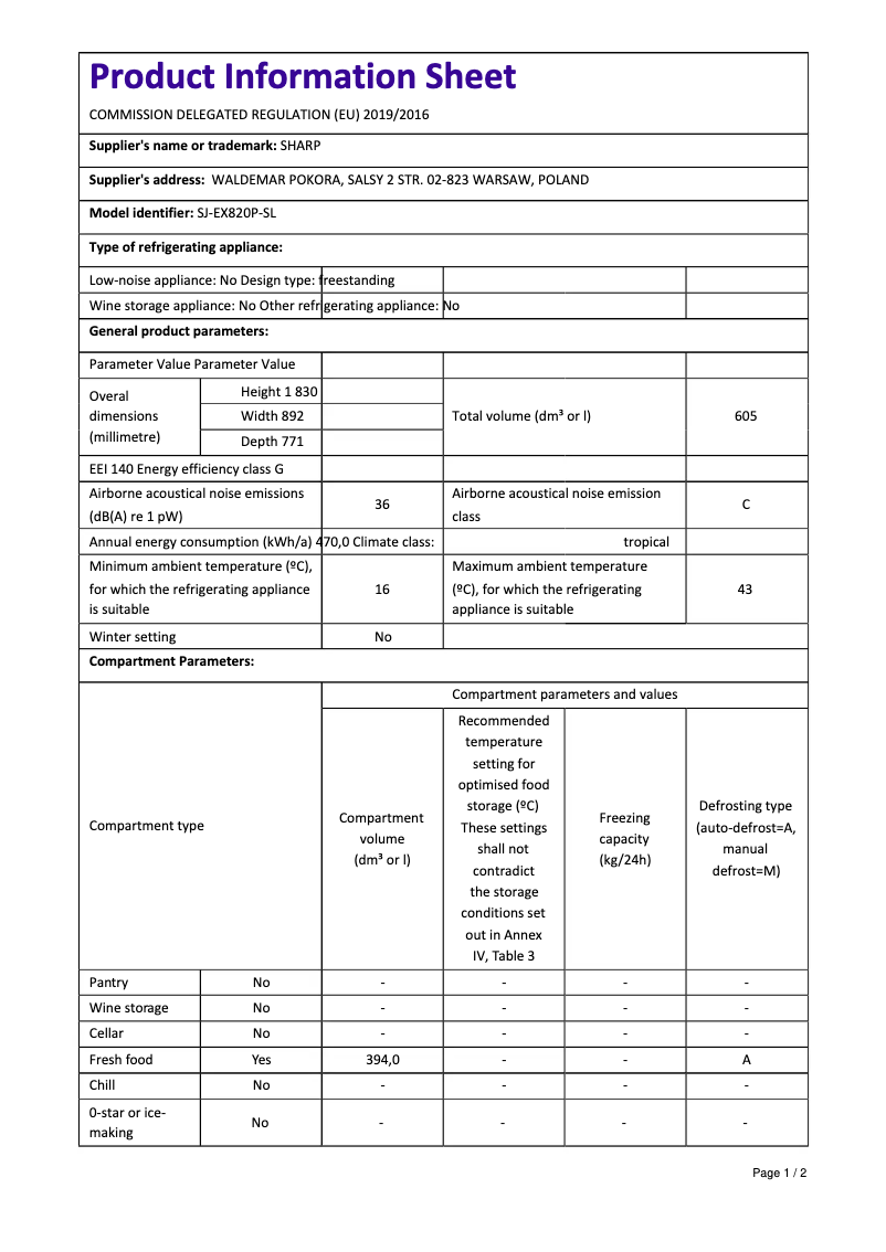 Page n°1 - Manuel utilisateur Sharp SJ-EX820P-SL