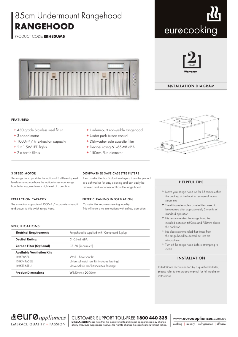 Page 1 de la notice Fiche technique Euro Appliances ERH85UMS