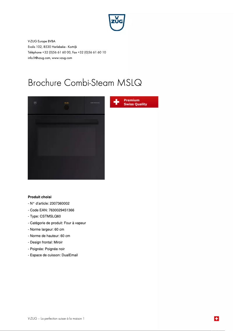 Page 1 de la notice Brochure V-Zug Combi-Steam MSLQ