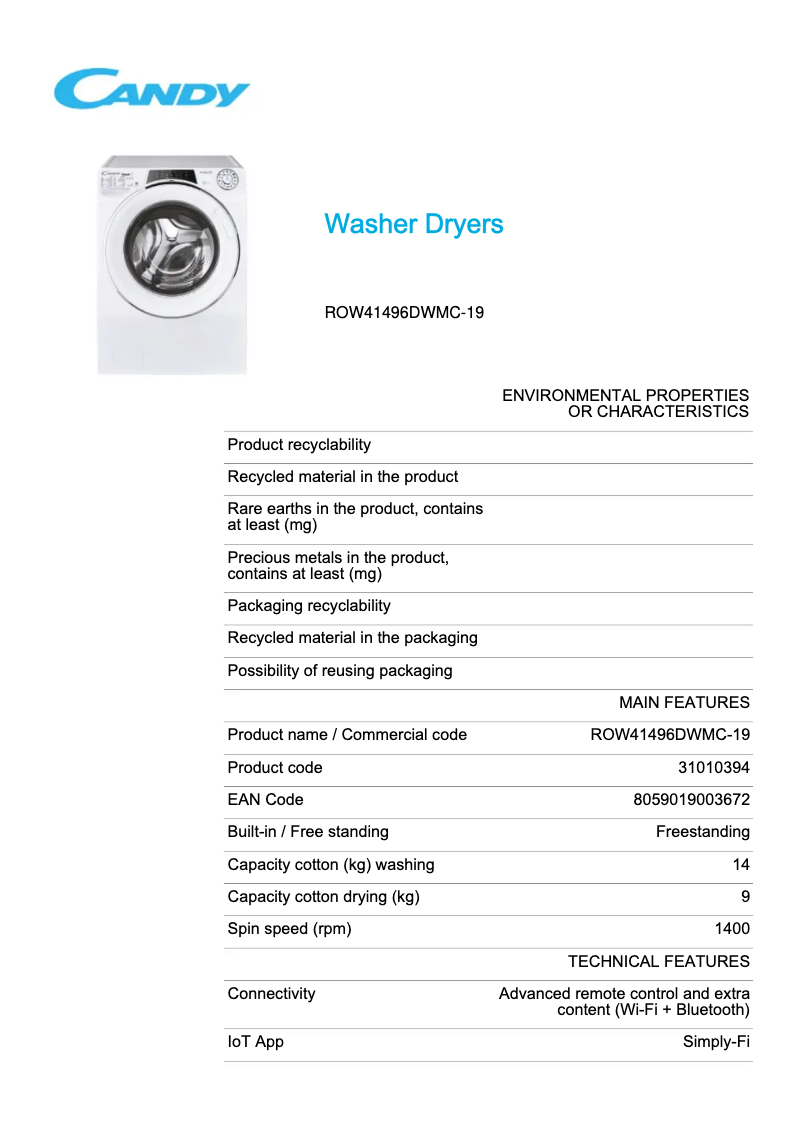 Page 1 of the manual Technical Sheet Candy ROW41496DWMC-19