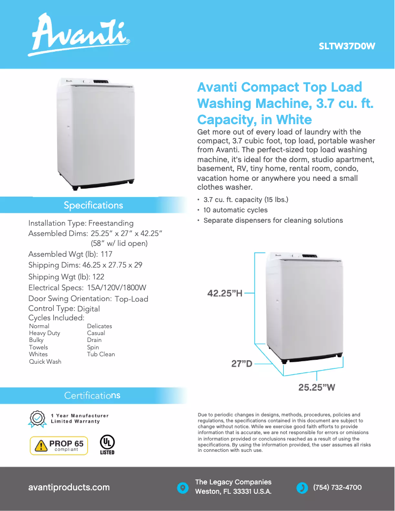 Página 1 del manual Ficha técnica Avanti SLTW37D0W