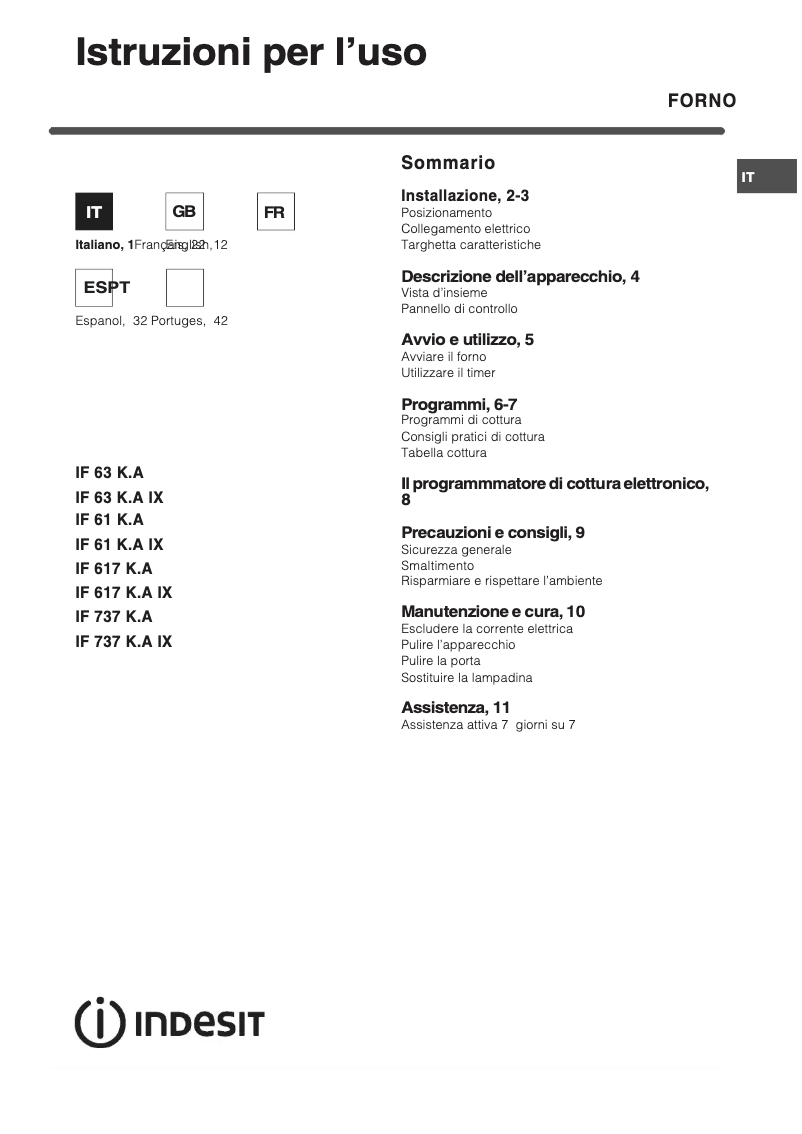 Page 1 de la notice Manuel utilisateur Indesit IF 63 K.A IX