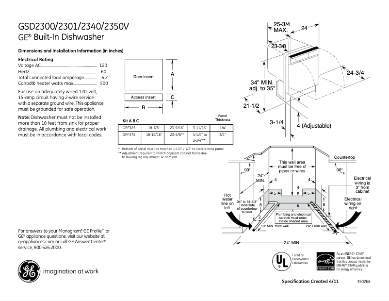 Page 1 of the manual Technical Sheet GE GSD2300VBB