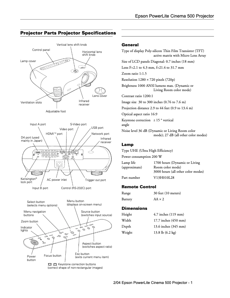 Página 1 del manual Folleto Epson PowerLite Cinema 500