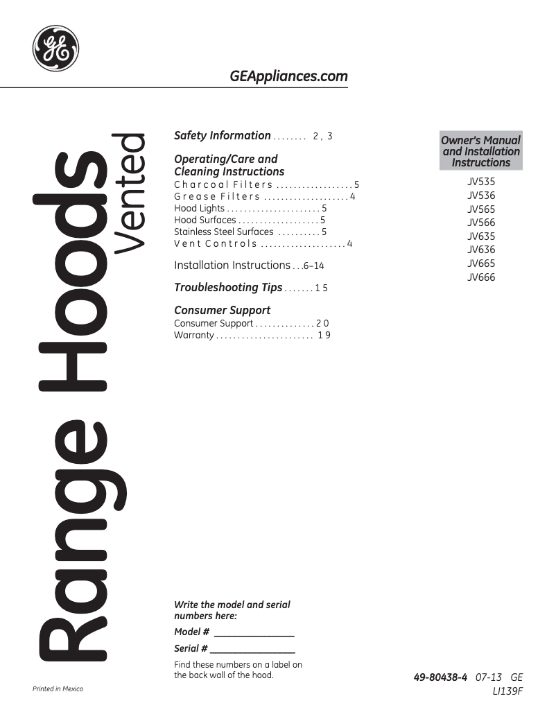 Page 1 de la notice Manuel utilisateur GE JV635HWW Profile