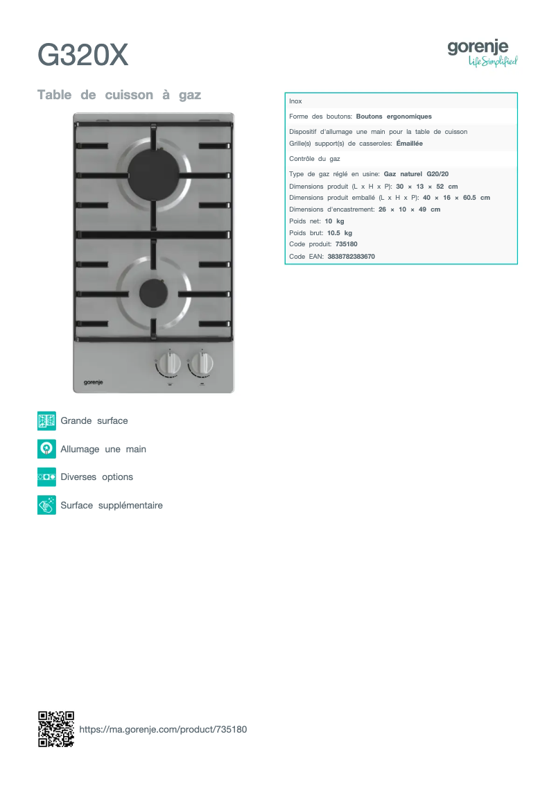 Page 1 de la notice Fiche technique Gorenje G320X