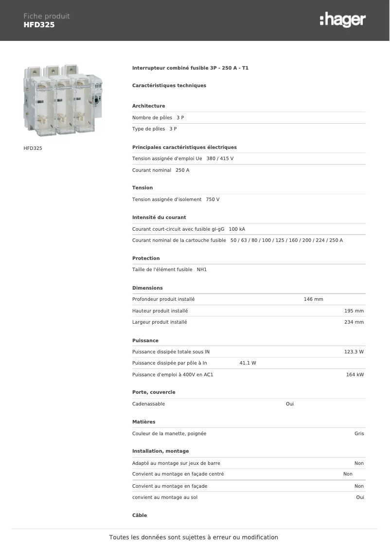 Page 1 de la notice Fiche technique Hager HFD325