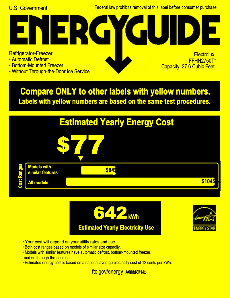 Page 1 de la notice Label énergétique Frigidaire FFHN2750TS