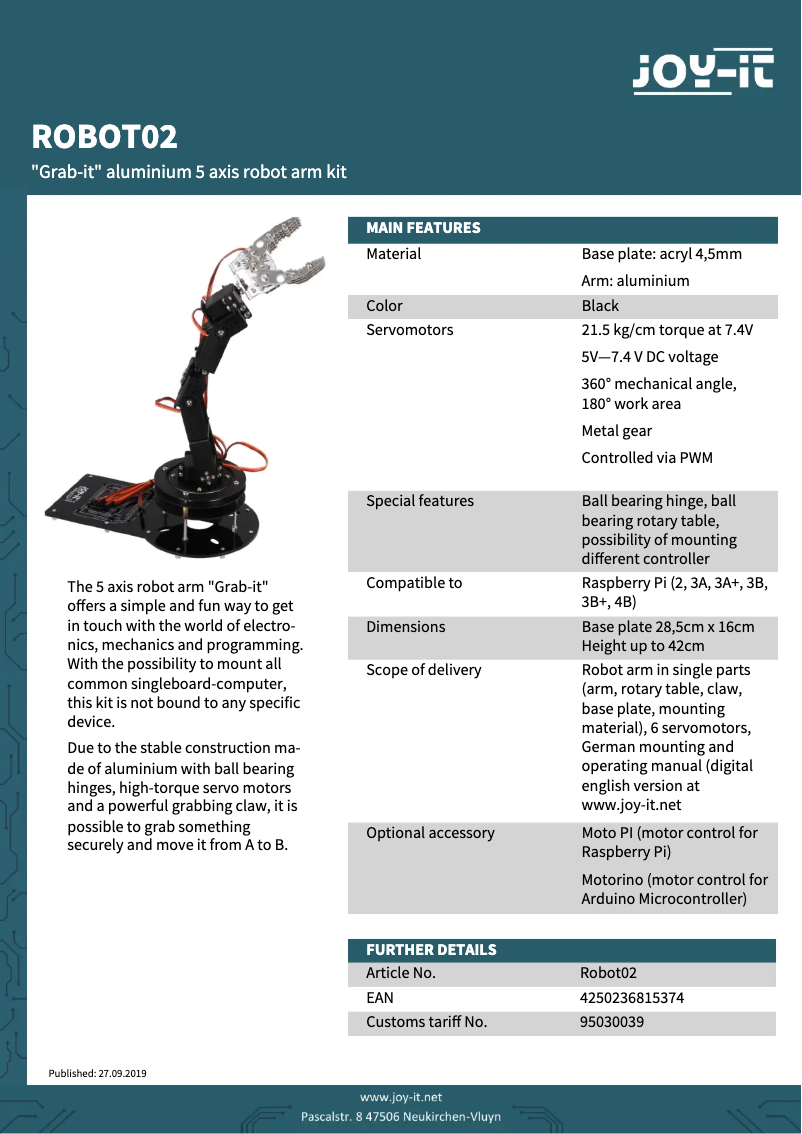 Página 1 del manual Ficha técnica Joy-It Robot02