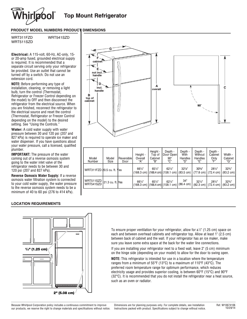 Page 1 de la notice Fiche technique Whirlpool WRT511SZD