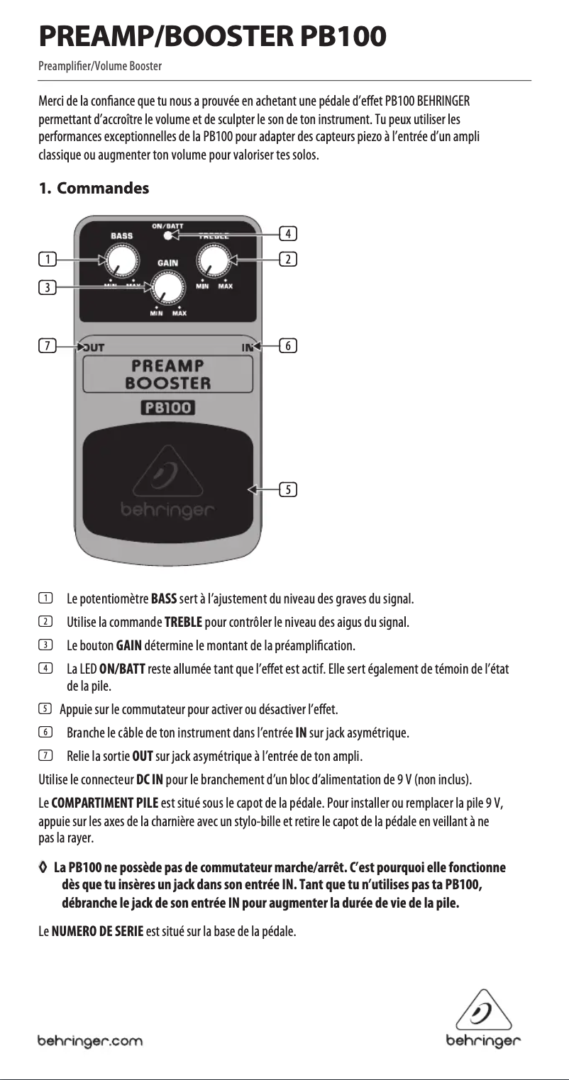 Page 1 de la notice Manuel utilisateur Behringer Preamp Booster PB100