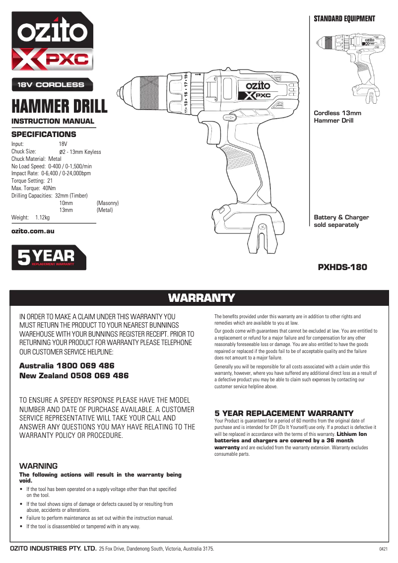 Page 1 de la notice Manuel utilisateur Ozito PXDDS-180