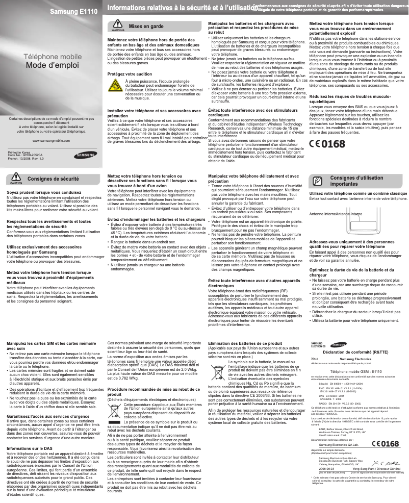 Page 1 de la notice Manuel utilisateur Samsung E1110