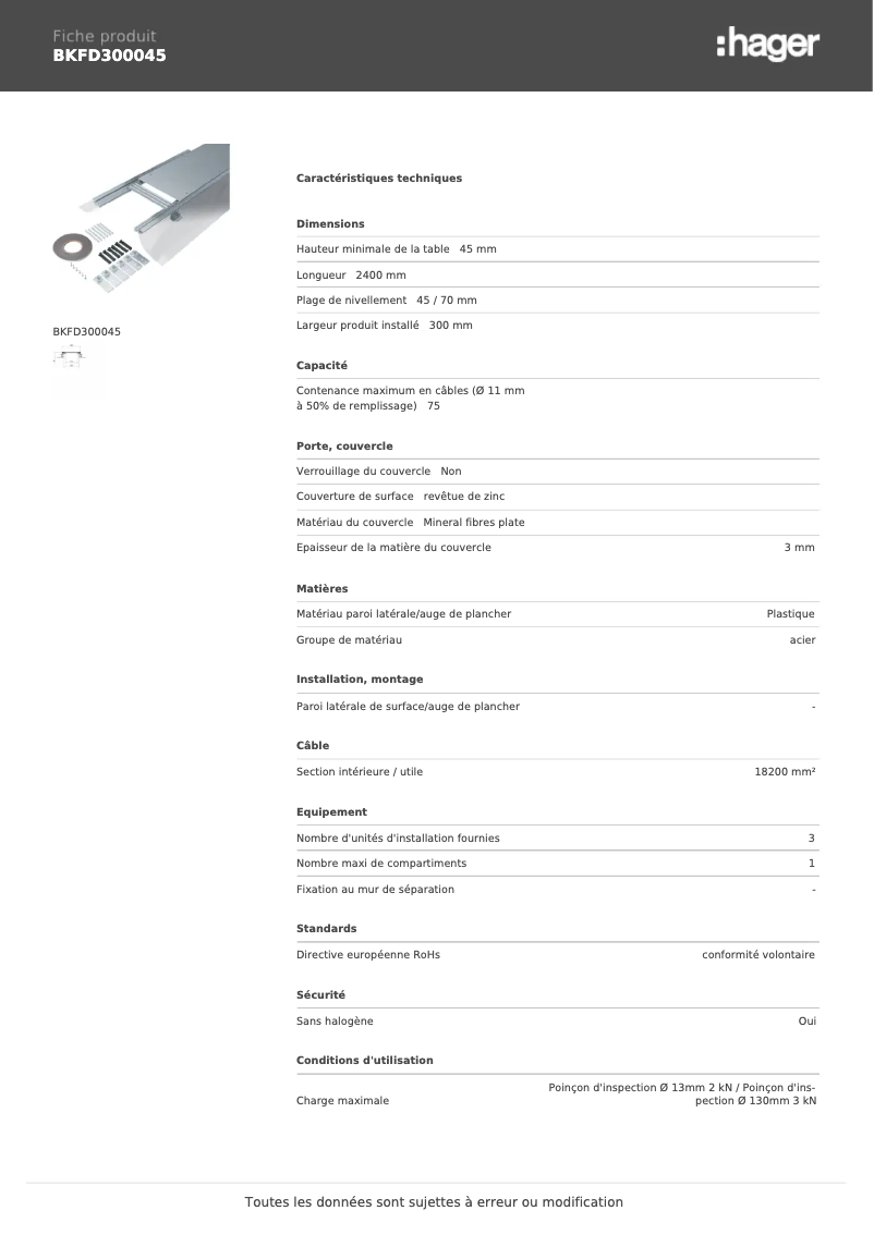 Page 1 de la notice Fiche technique Hager BKFD300045