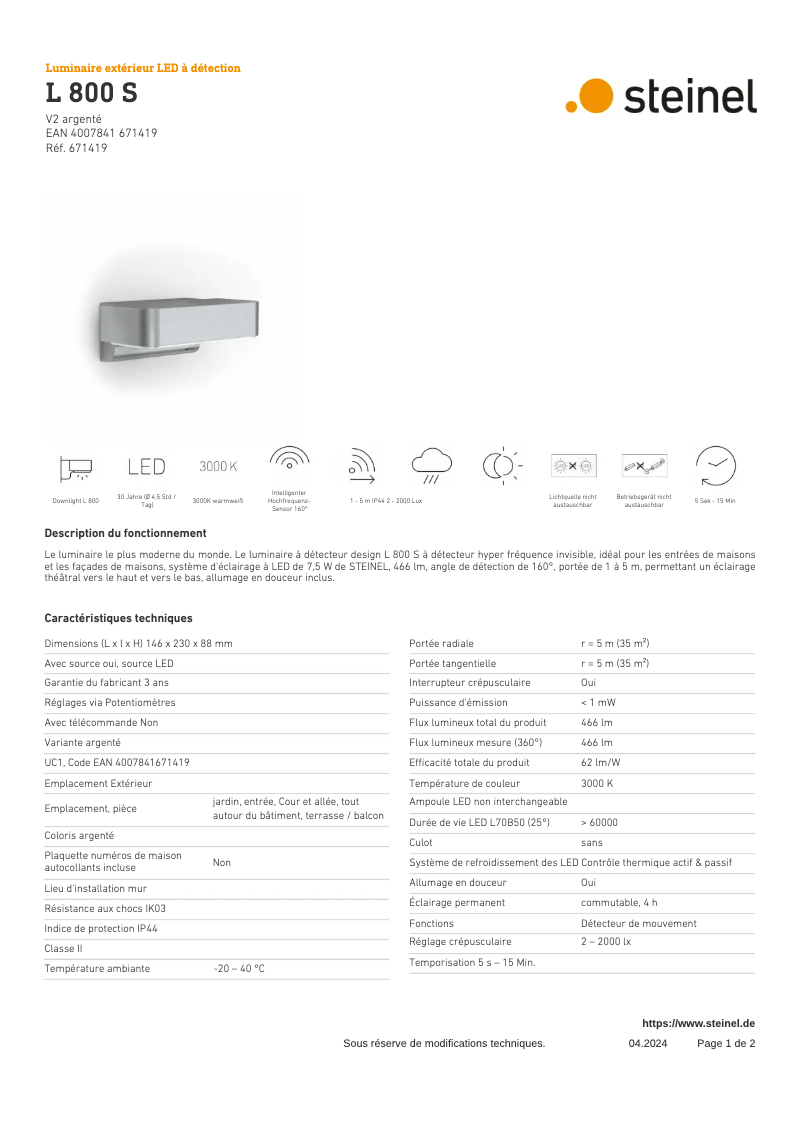 Page 1 de la notice Fiche technique Steinel L 800 S