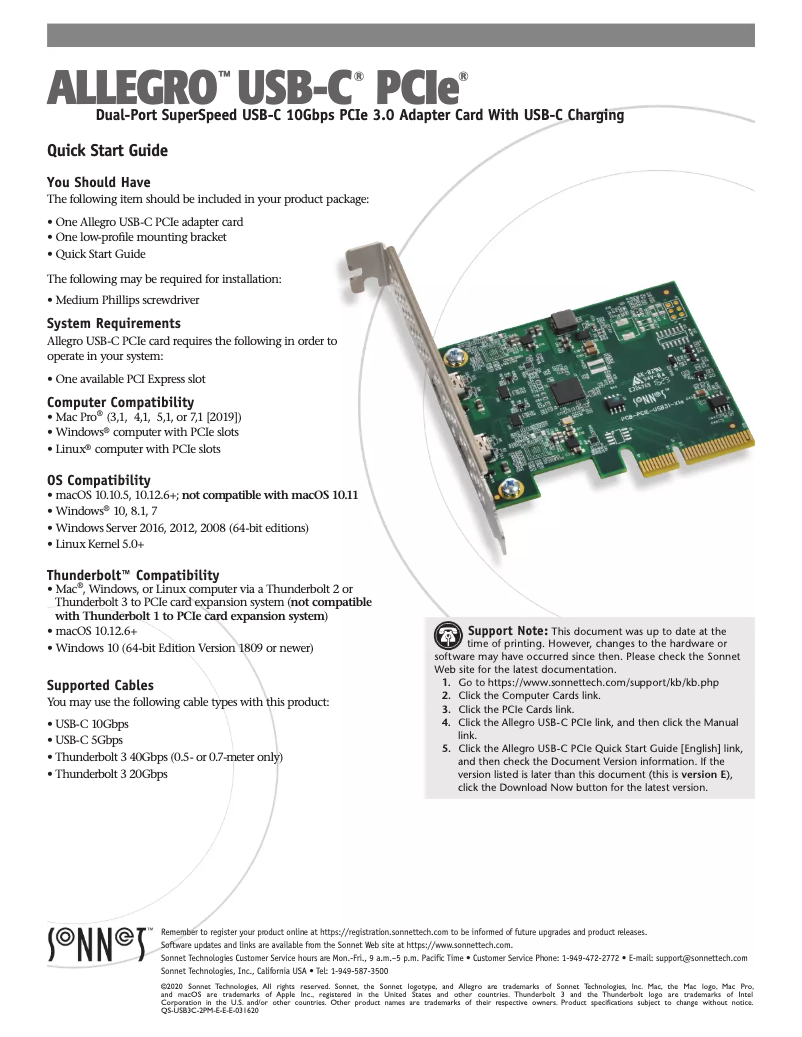 Page 1 de la notice Manuel utilisateur Sonnet Allegro USB-C PCIe