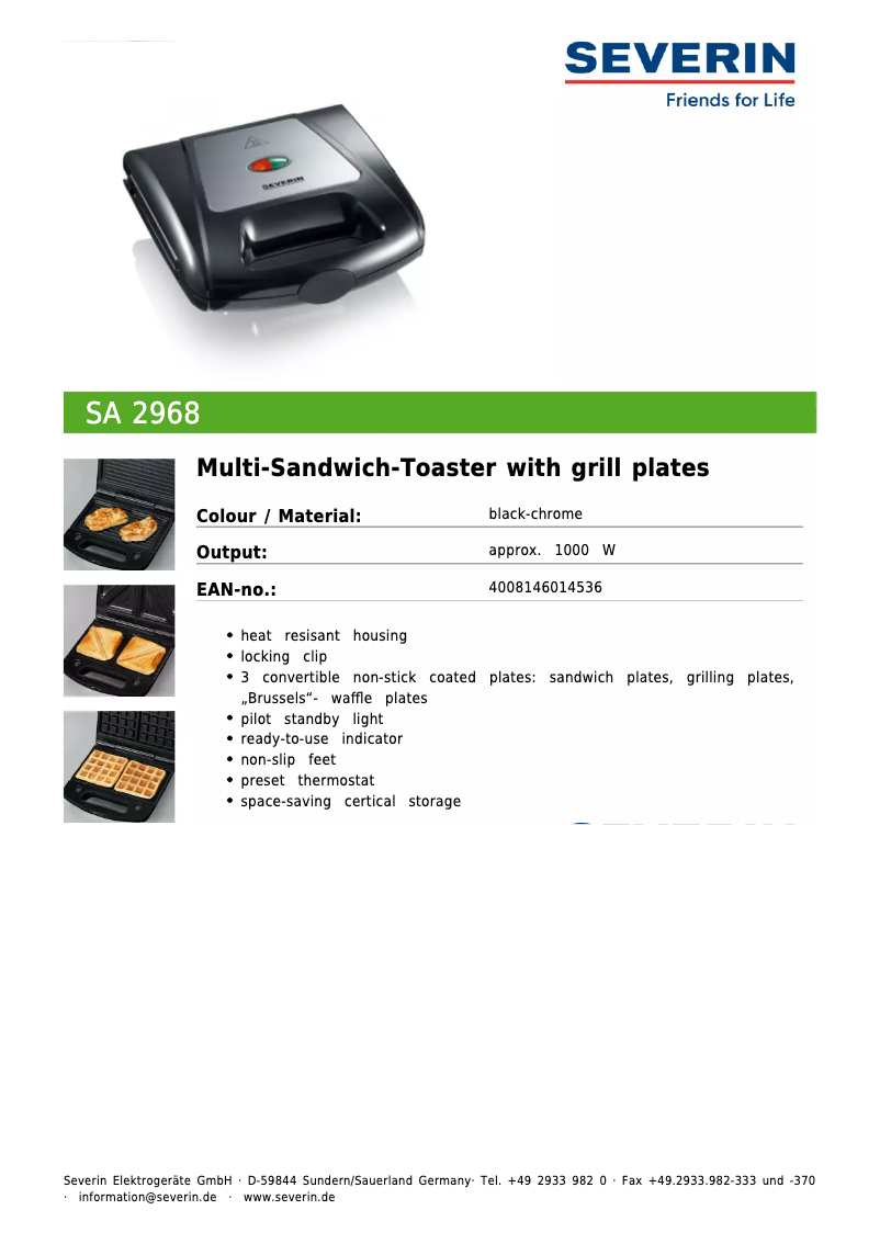 Page 1 de la notice Fiche technique Severin SA 2968